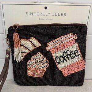 ☕ Sincerely Jules Coffee Croissant Beaded Travel Pouch Wristlet - Brown☕